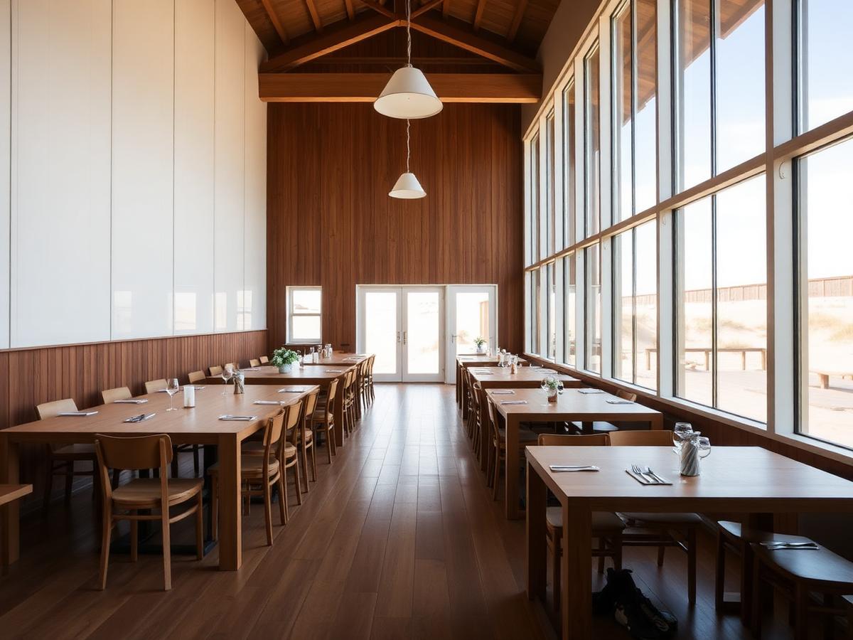 Ruime eetzaal met lange tafels
