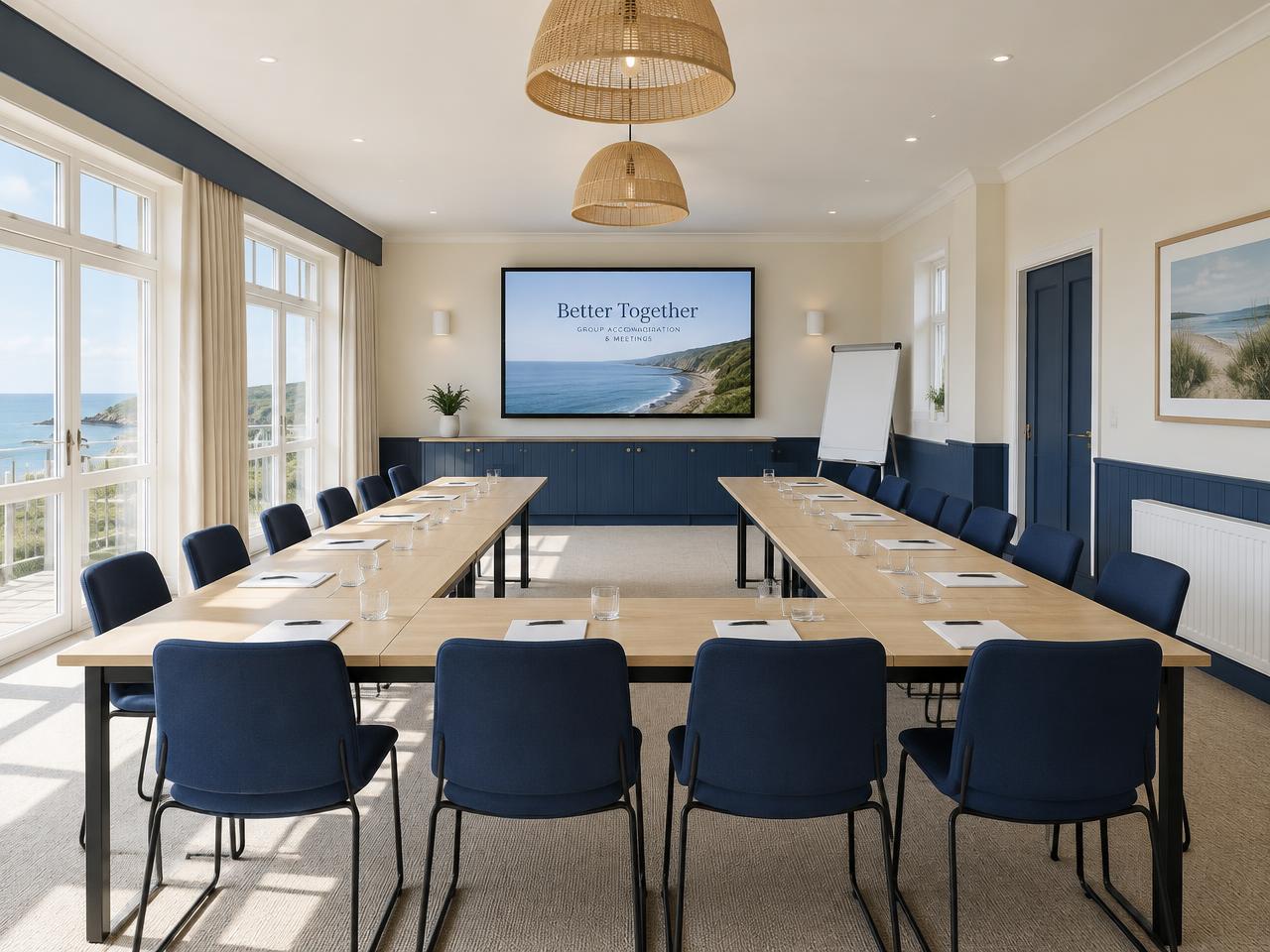 Lege vergaderzaal in U-opstelling met scherm
