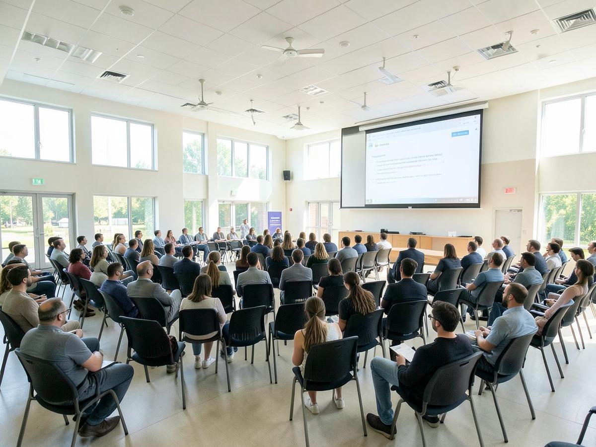 De grote zaal overdag in seminarieopstelling met scherm en stoelen